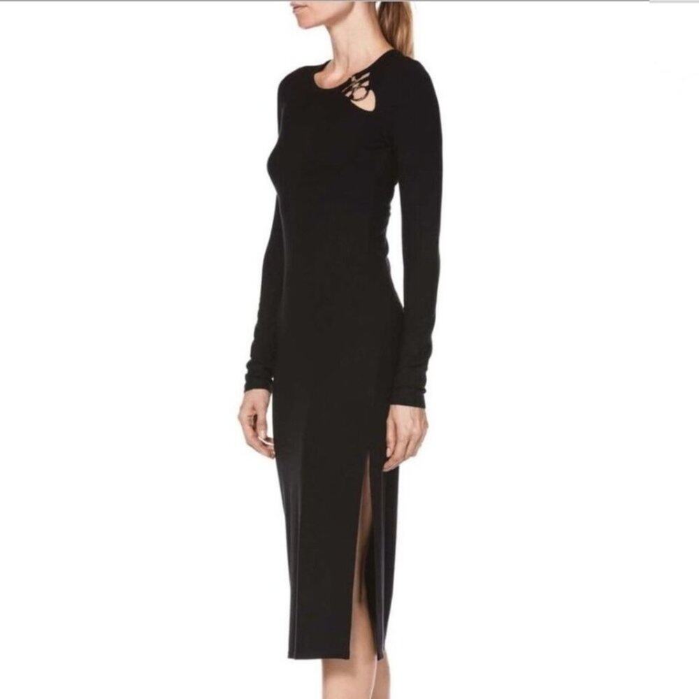 PAIGE WOMEN'S LARGE CAELAN RIBBED MIDI DRESS BLACK LONG SLEEVE NECKLINE CUTOUT